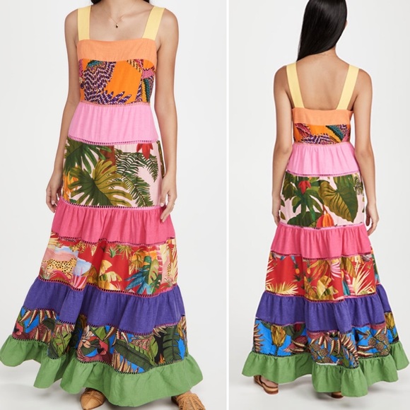 FARM Rio || Rainbow Mixed Prints Maxi Dress Tiered Leopard Medium NWT - Picture 2 of 9